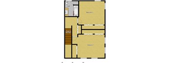 A floor plan of a two bedroom apartment with a bathroom and a second floor landing.