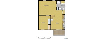 A floor plan of a house with a living dining area, kitchen, bedroom, and bathroom.