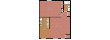 A floor plan of a room with a bedroom, living room, kitchen, and closets.