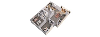 A 3D floor plan of a house with a kitchen, living room, and two bedrooms.