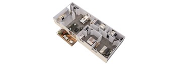 A 3D floor plan of a house with a kitchen, living room, and dining area.