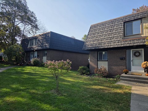 A house with a grey roof and a small tree in front of it.