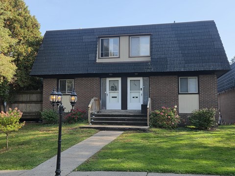 A house with a white door and a black roof.