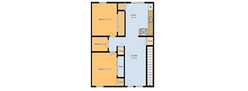 A floor plan of a house with two bedrooms, a bathroom, a living room, a kitchen, and a closet.