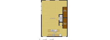 A floor plan of a house with a living dining area, kitchen, bathroom, and a garage.