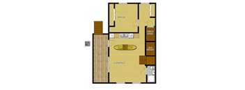 A floor plan of a house with a deck, living room, and bedroom.