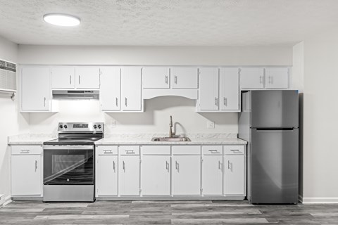 A modern kitchen with white cabinets and appliances.