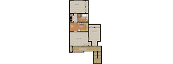 A floor plan of a house with a living room, dining area, kitchen, two bedrooms, a bathroom, and a wood porch entry.