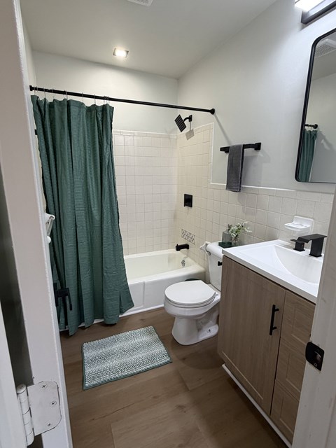 A bathroom with a toilet, sink, and shower.