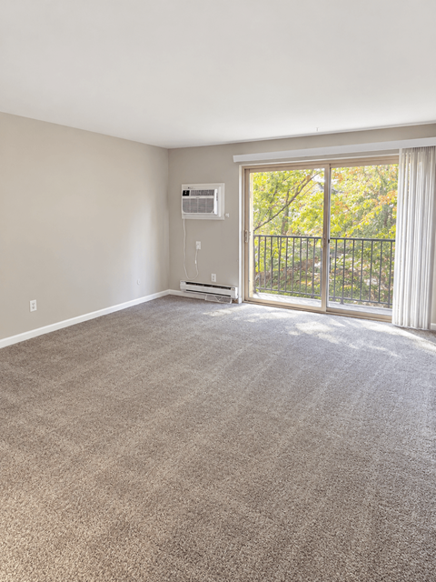 A room with a carpeted floor and a sliding glass door leading to a balcony.