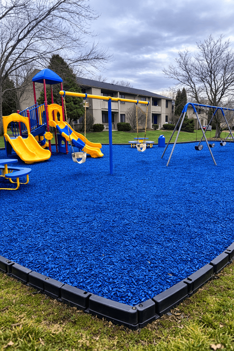 A playground with a blue rubberized surface and yellow slides.