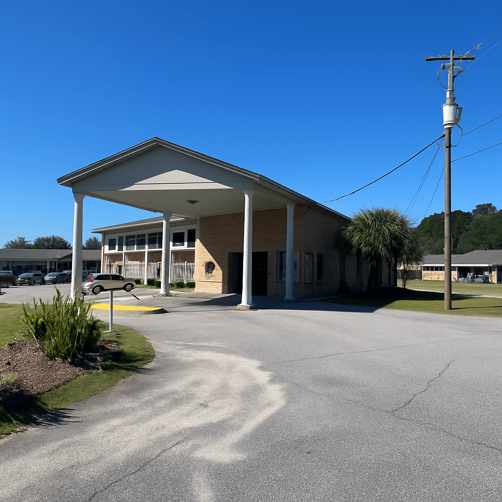 A building with a covered entrance and a parking lot in front.