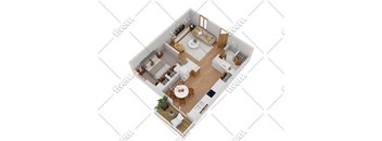 A top-down view of a modern, well-furnished apartment.