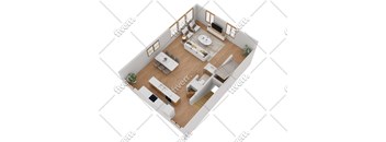 A top-down view of a modern living room with a kitchen area.