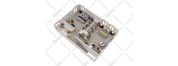 A 3D rendered image of a modern apartment layout.