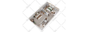 A 3D rendered image of a small apartment layout.