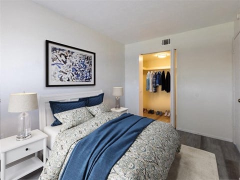 a bedroom with a bed and a door to a closet
