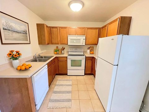 A kitchen with a white fridge, white dishwasher, and white sink.