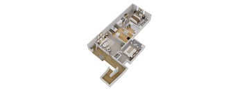 A 3D image of a house layout with a living room, dining room, kitchen, and bedrooms.
