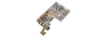 A 3D floor plan of a house with a staircase leading to the upper floor.