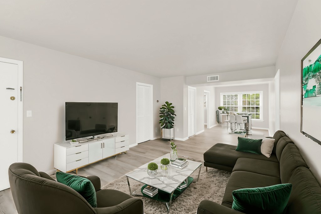 a living room with couches and a coffee table and a television
