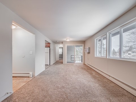 A spacious room with a carpeted floor and large windows.