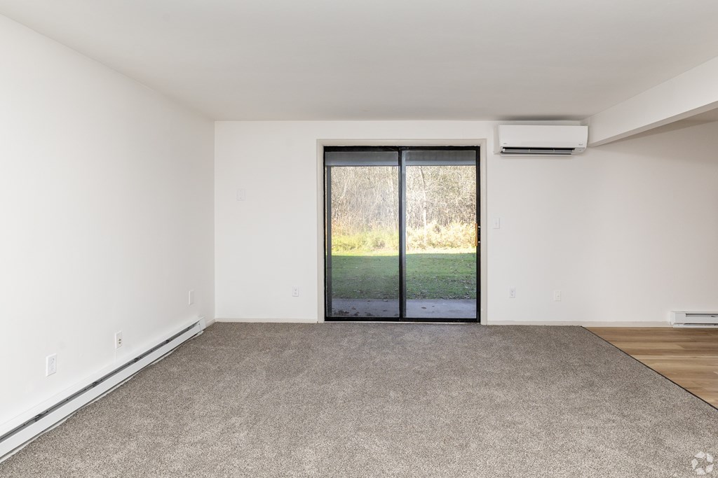 A room with a carpeted floor and a sliding glass door leading to a grassy area.
