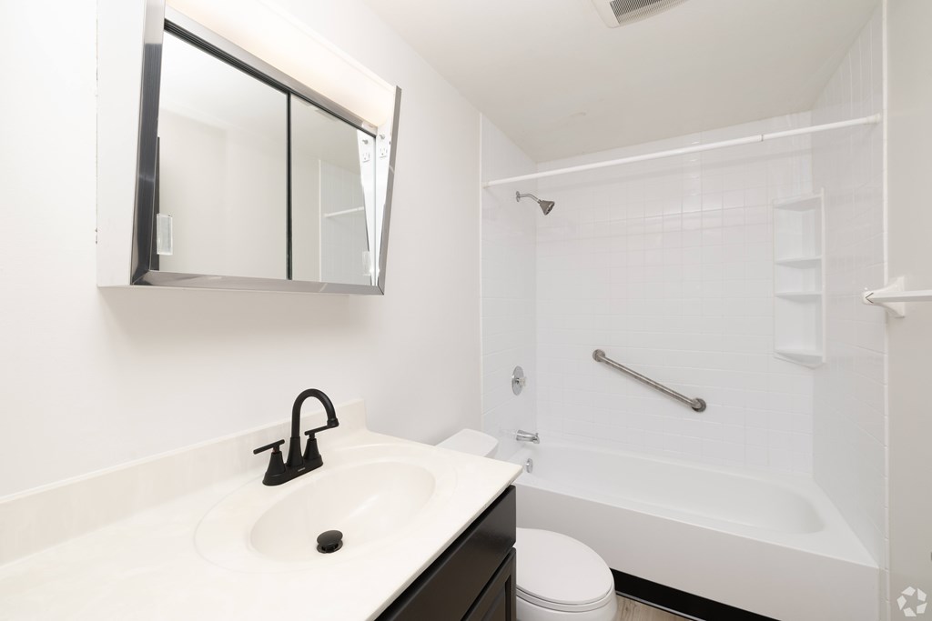 A white sink with a black faucet and a mirror above it.