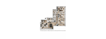 A three-story apartment layout with a kitchen, living room, and bedrooms.