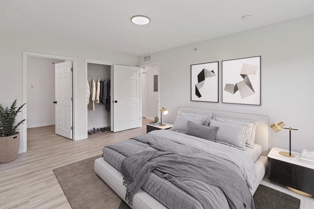 a bedroom with a bed and a closet