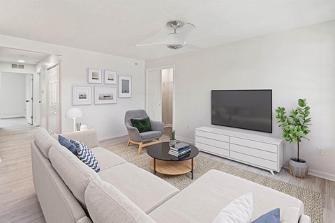a living room with a couch and a tv