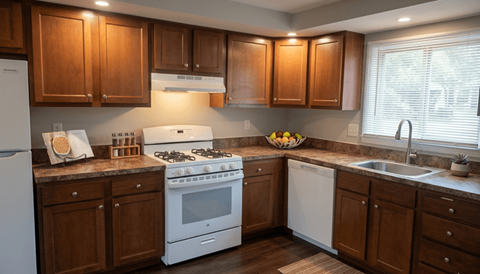 A kitchen with wooden cabinets and a white stove top oven.