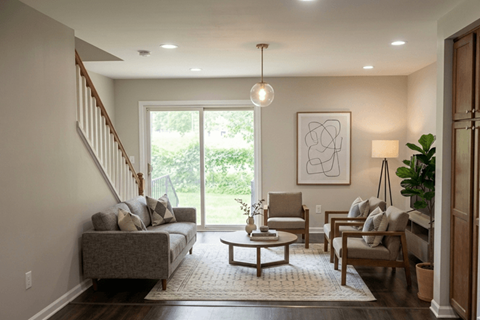 A living room with a grey couch, a coffee table, and a large window.