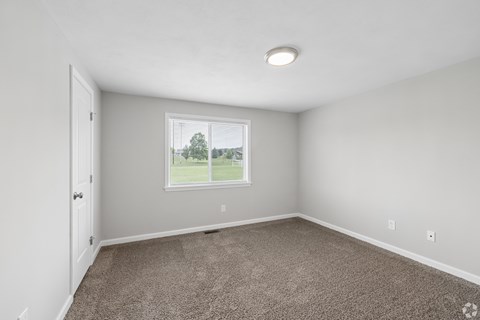 A room with a carpeted floor and a window showing a view of trees outside.