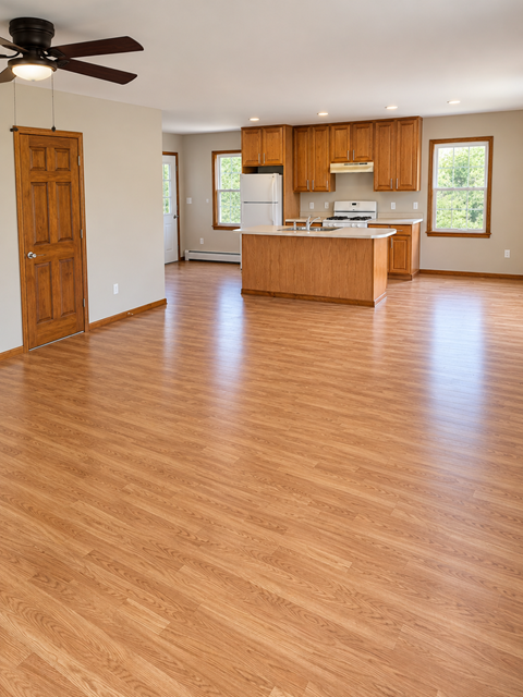 A kitchen with wooden floors and a ceiling fan.