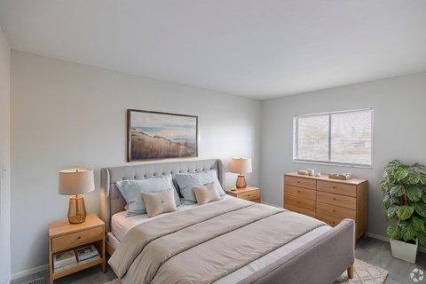 A bedroom with a large bed, a nightstand with a lamp, and a plant.