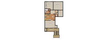 A floor plan of a house with two bedrooms, a living room, a dining room, a kitchen, a wood-fired entry, and a utility area.