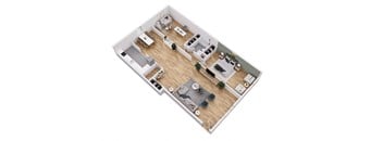 A top-down view of a house interior with a living room, dining area, kitchen, and bedrooms.