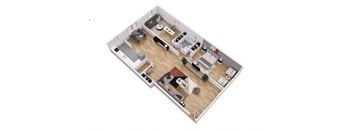 A top-down view of a two-story apartment with a living room, kitchen, and bedrooms.