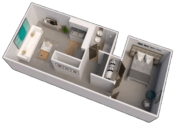 a 3d floor plan of a small apartment