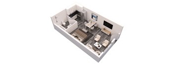 an overhead view of a bedroom with a bathroom and a living room