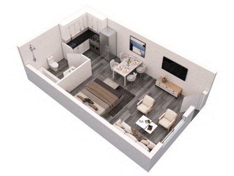 an overhead view of a bedroom with a bathroom and a living room