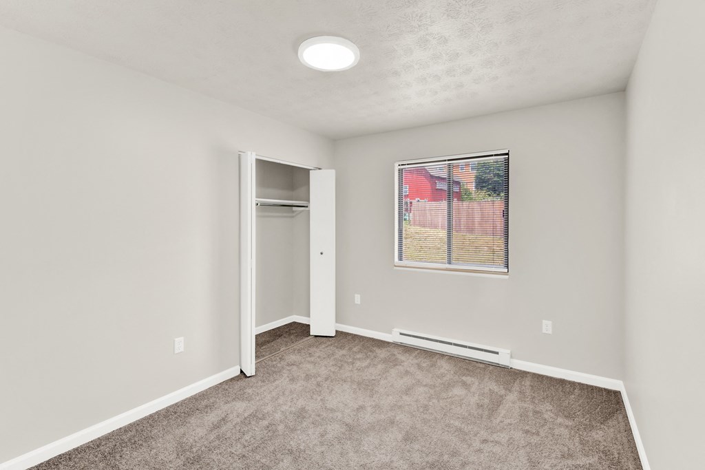 an empty living room with carpet and a door to a closet