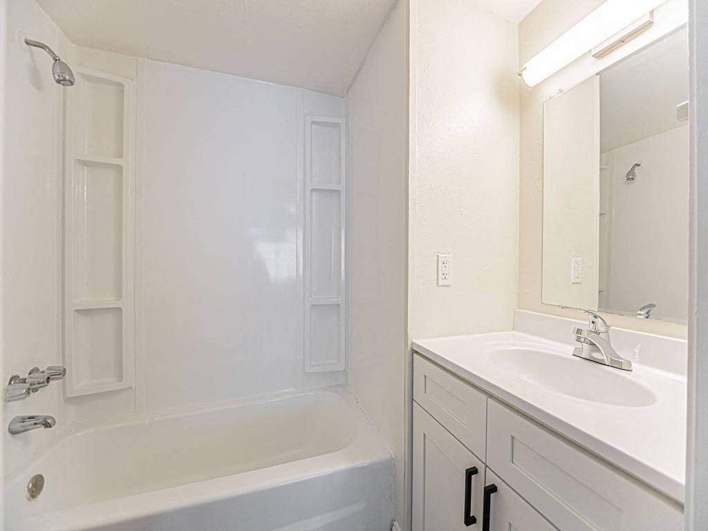 a bathroom with a sink and a tub and a mirror