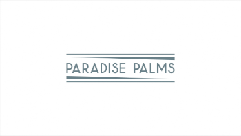 the logo of paradise palms with a blue and white background