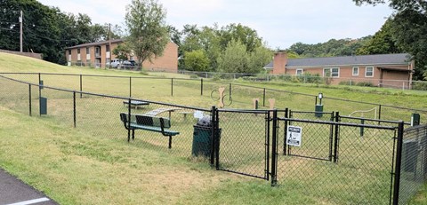 A black fence surrounds a green trash can and bench.
