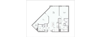 A floor plan of a house with a living room, two bathrooms, a kitchen, a dining room, and a walk-in closet.