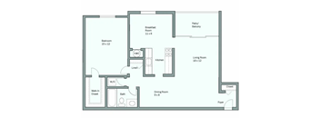 A floor plan of a house with a bedroom, bathroom, living room, dining room, kitchen, breakfast room, and foyer.