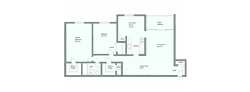 A floor plan of a house with a living room, dining room, kitchen, two bathrooms, two bedrooms, a breakfast room, and a patio.