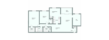 A floor plan of a house with a living room, two bedrooms, a bathroom, a breakfast room, a pantry, a den, a foyer, and a kitchen.